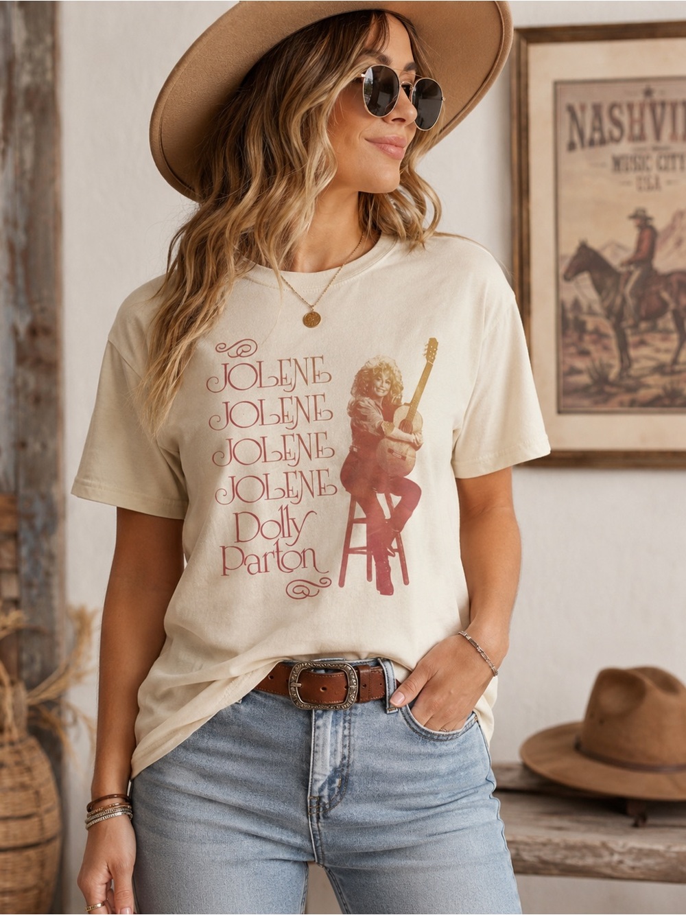 Old Navy Cream Jolene Graphic Tee with Red-Pink Print